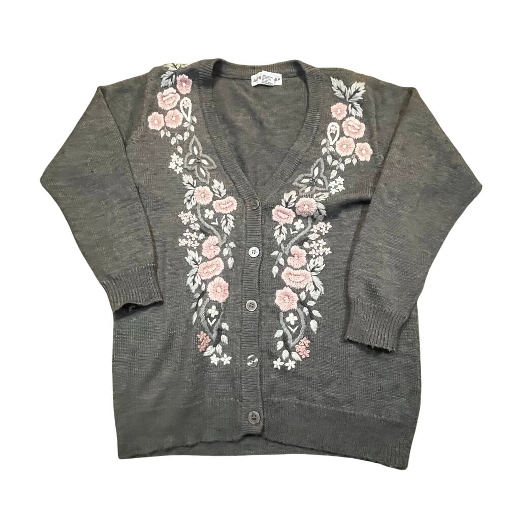 Alfred Dunner Gray Floral Embroidered Cardigan‎ Grandpa Sweater Womens Small